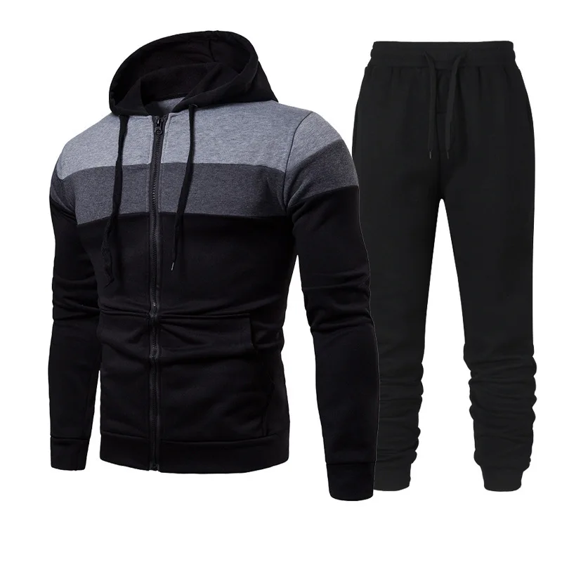 

2023 Fashion Tracksuit for Men Spring Autumn Jogging Fitness Sportswear Hooded Zipper Tops+Lace Up Black Pants Set Male Clothing