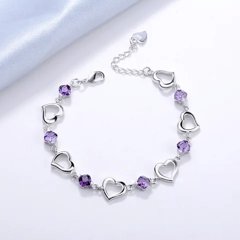 Серебряный сердечный браслет с аметистом