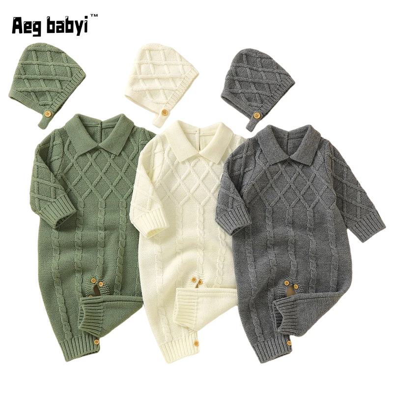 

Baby Bodysuits Newborn Romper Baby Boys Girls Clothes Knitted Jumpsuits Hats 2pcs Sets Autumn Winter Infant Outfits Kids Wear