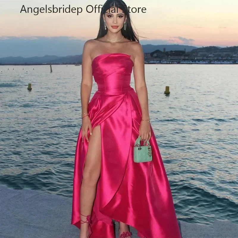 

Red A-Line Satin Prom Dresses Sexy High Slit Strapless Evening Dress 2023 Sleeveless Party Gowns Robes De Soiree