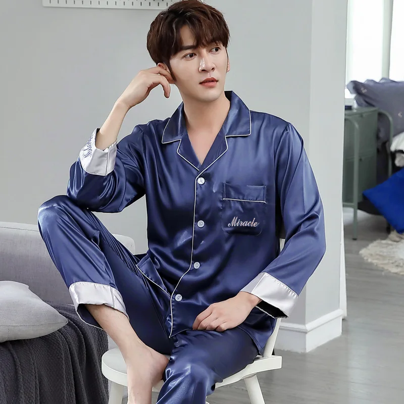 2023 Men leisure wear pajamas for men suit pajamas suit long-sleeved pants men thin ice silk pajamas