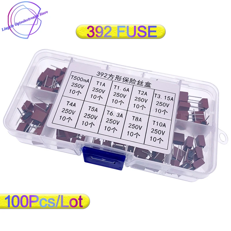

100Pcs/lot 392 square fuse package mixed box 8*4MM T500mA T1A T1.6A T2A T3.15A T4A T5A T10A 250V 10 specifications, 10 each