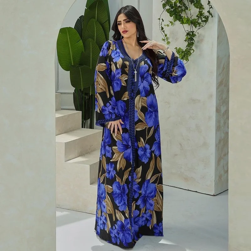 Long Sleeve Abayas For Women Dubai Muslim Islamic Clothing Maxi Robe Jelaba Femme Musulman Evening Gowns Dashiki Print Boubou