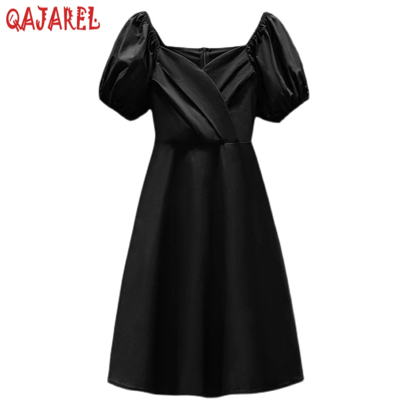 

2022 Red Puff Sleeve Square Collar Midi Dress Summer New Fashion Elegant Pleated Dress Women Black Korean Vintage Hepburn Dress