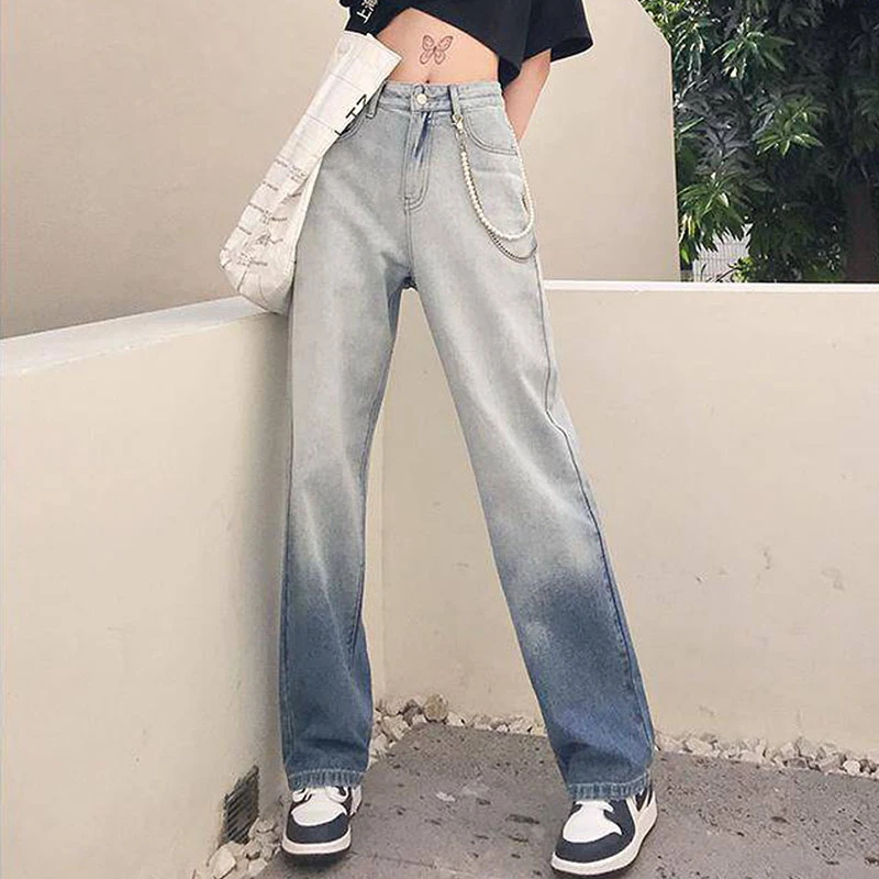 2023 New High-waist Gradient Jeans Female Summer Slim Straight-leg Pants New Autumn Plus Size Street Tie-dye Stitching Jeans