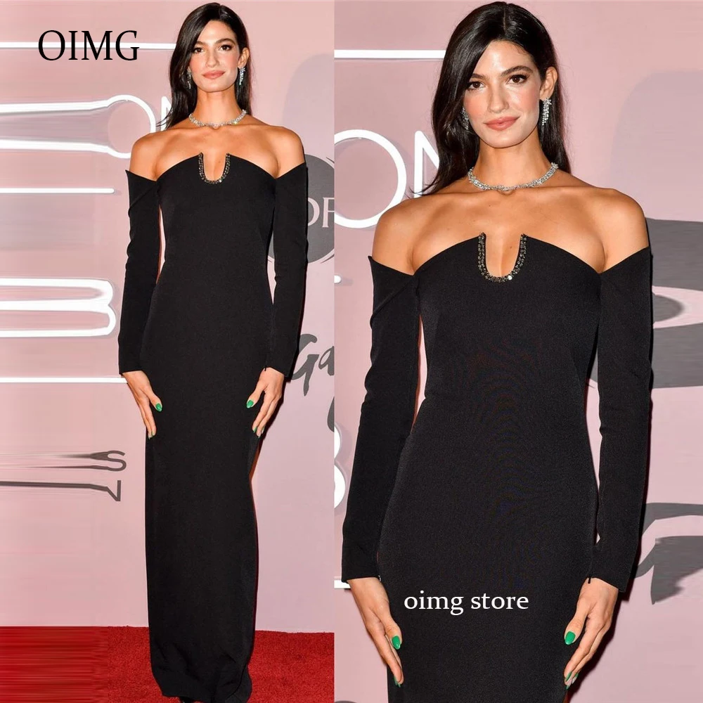 

OIMG Black Crepe Long Celebrity Evening Dresses Strapless Long Sleeves Sexy Lady Simple Modern Prom Gowns Formal Party Dress