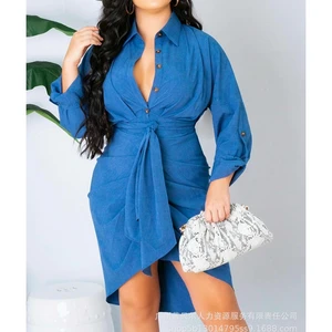 Women Dress Fashion Solid Slim Fit Lace-up Pleated Dress Women Sexy Single-Breasted Long Sleeve Turn-down Collar Irregular Dress