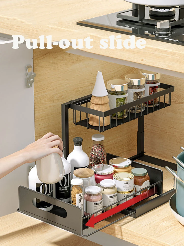 kitchen cabinet rack 2 tier under sink desktop organizer pull out spice sauces rack kitchen bathroom countertop rack supplies free global shipping
