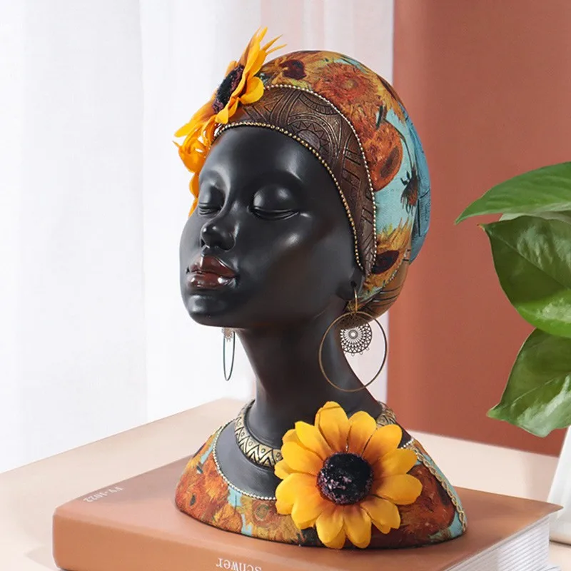 

African Woman Head Statue Ornament Resin African Beauty Figurines Modern Art Crafts Decor Home Living Room Interior Sculpture