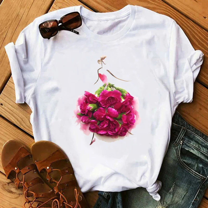 

2023 Summer Women Maycaur Hot Sale Ladies Tshirts Flower Ballet Girl Print Short Sleeve T Shirt Women Female Tee T-shirts Tops