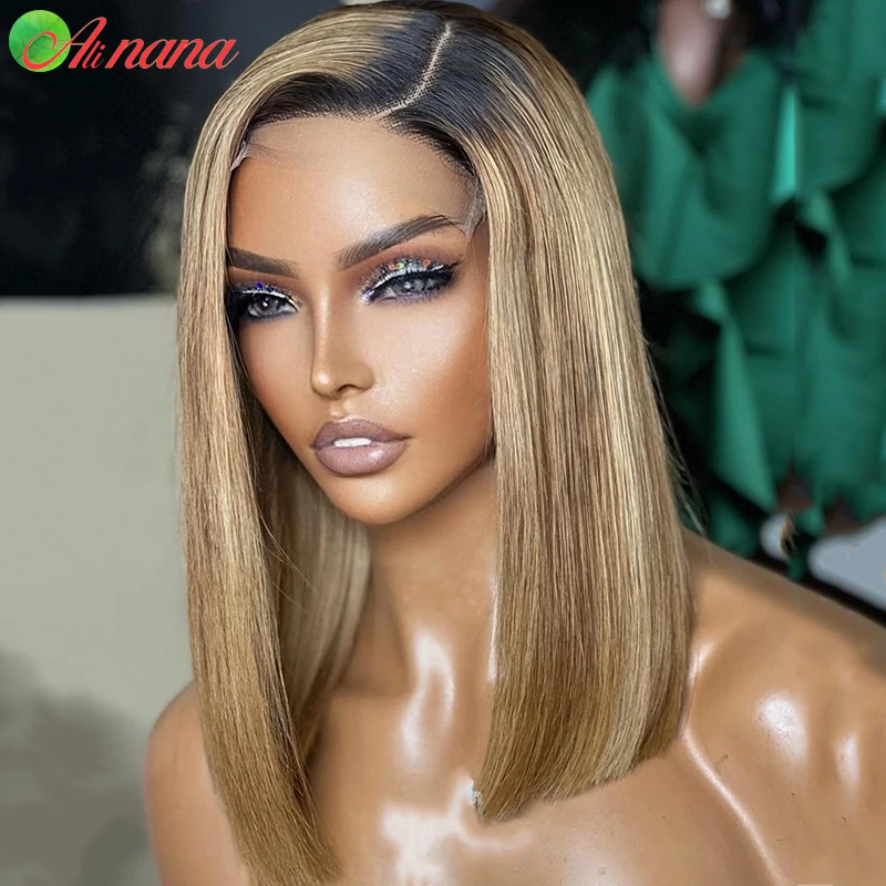 Alinana Honey Blonde Bob Wigs Closure Wig 4*1 T Part Short Bob Wig Brazilian Human Hair Wigs For Black Women 2022 New Trend