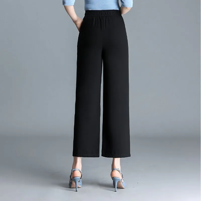 

High quality Women Casual Straight and loose Pants Summer black Elasticity Trousers Solid Elastic Waist Ankle Length Pants