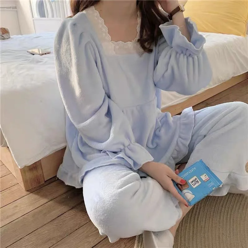 Sweet Pajamas Set Lace Bow Cute Sleepwear For Women Pyjama Women's Flannel Full-Sleeve Fashion Princess Style Homewear Plus Size