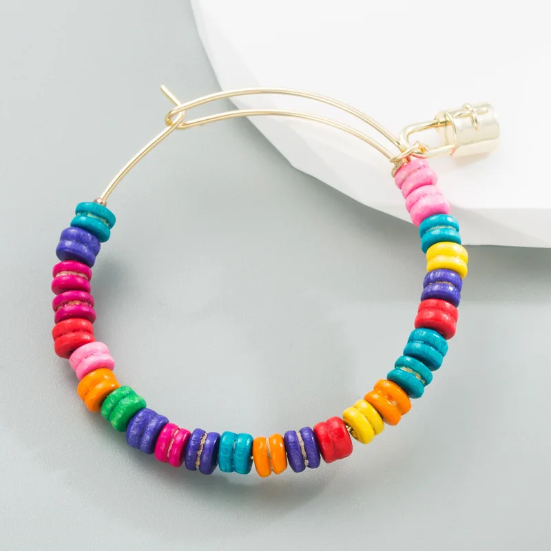 

Rainbow Wood Beads Gold Lock Pendant Bracelet For Women Summer Colorful Beaded Chain Bangle Girls Boho Jewelry Accessories