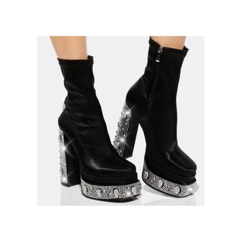 2023 European and American Waterproof Platform High-heeled Rhinestone Fashion Catwalk Boots Round Head Satin Black Leather Boots
