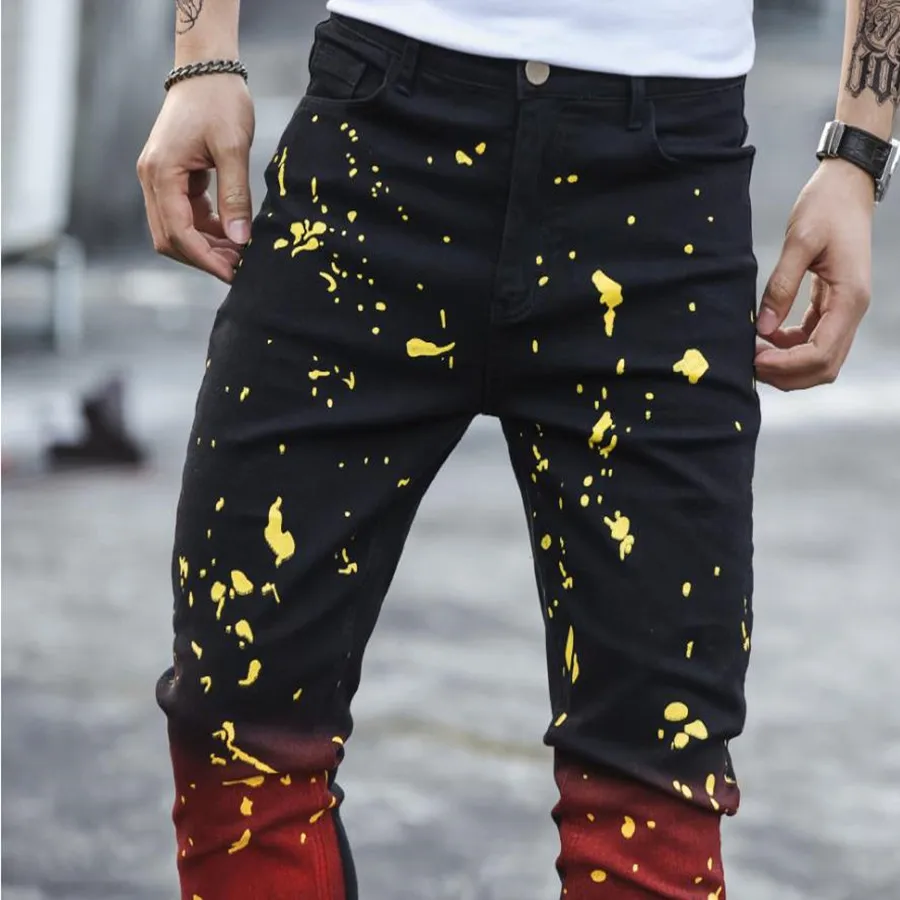 2023  Casual Streetwear Men's Jeans Skinny Stretch Pencil Pants Gradient Color Splash Paint Stylish Jeans