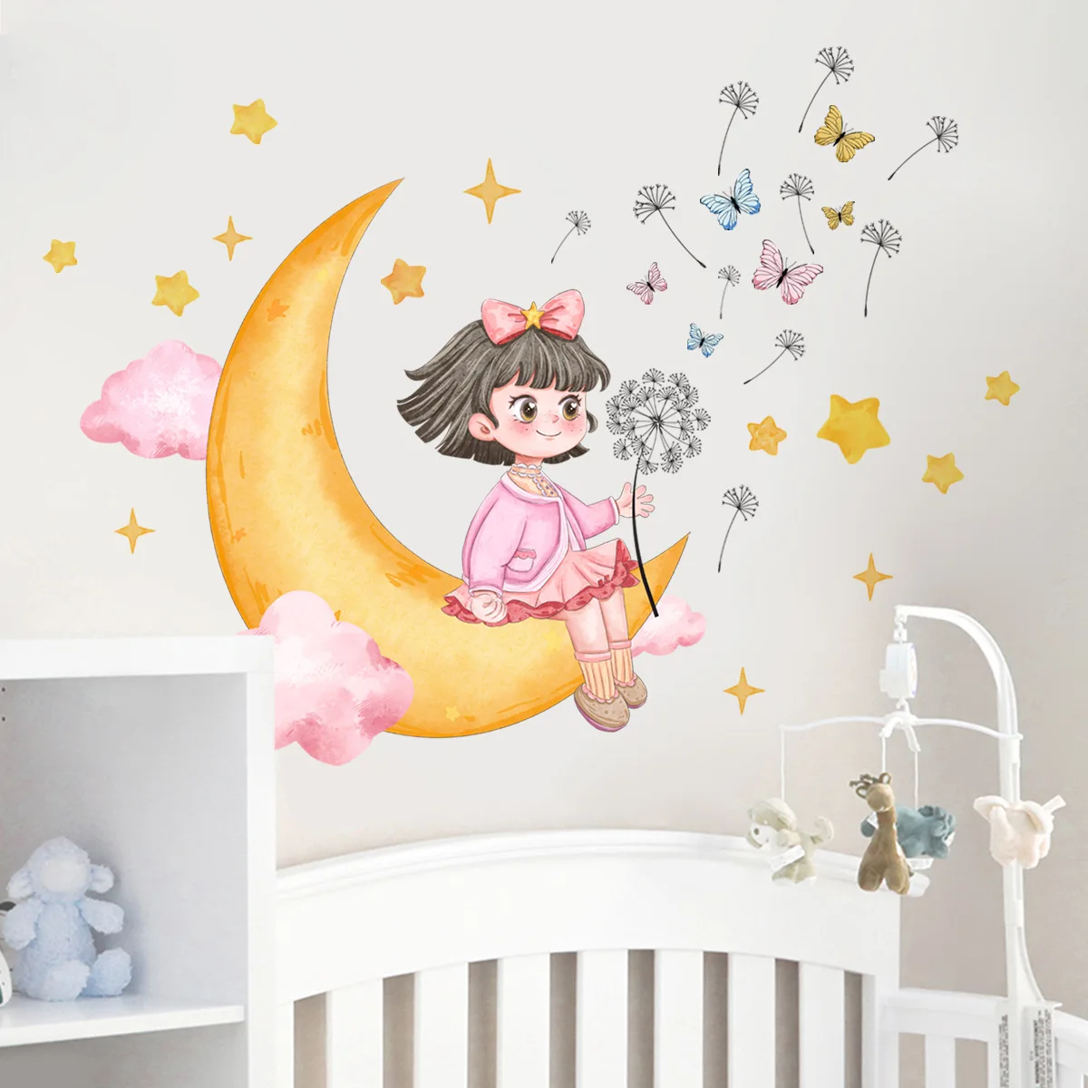 30*90cm Little Girl Moon Star Butterfly Cartoon Wall Sticker Cute Background Wall Room Decoration Wall Sticker Wallpaper Ms224