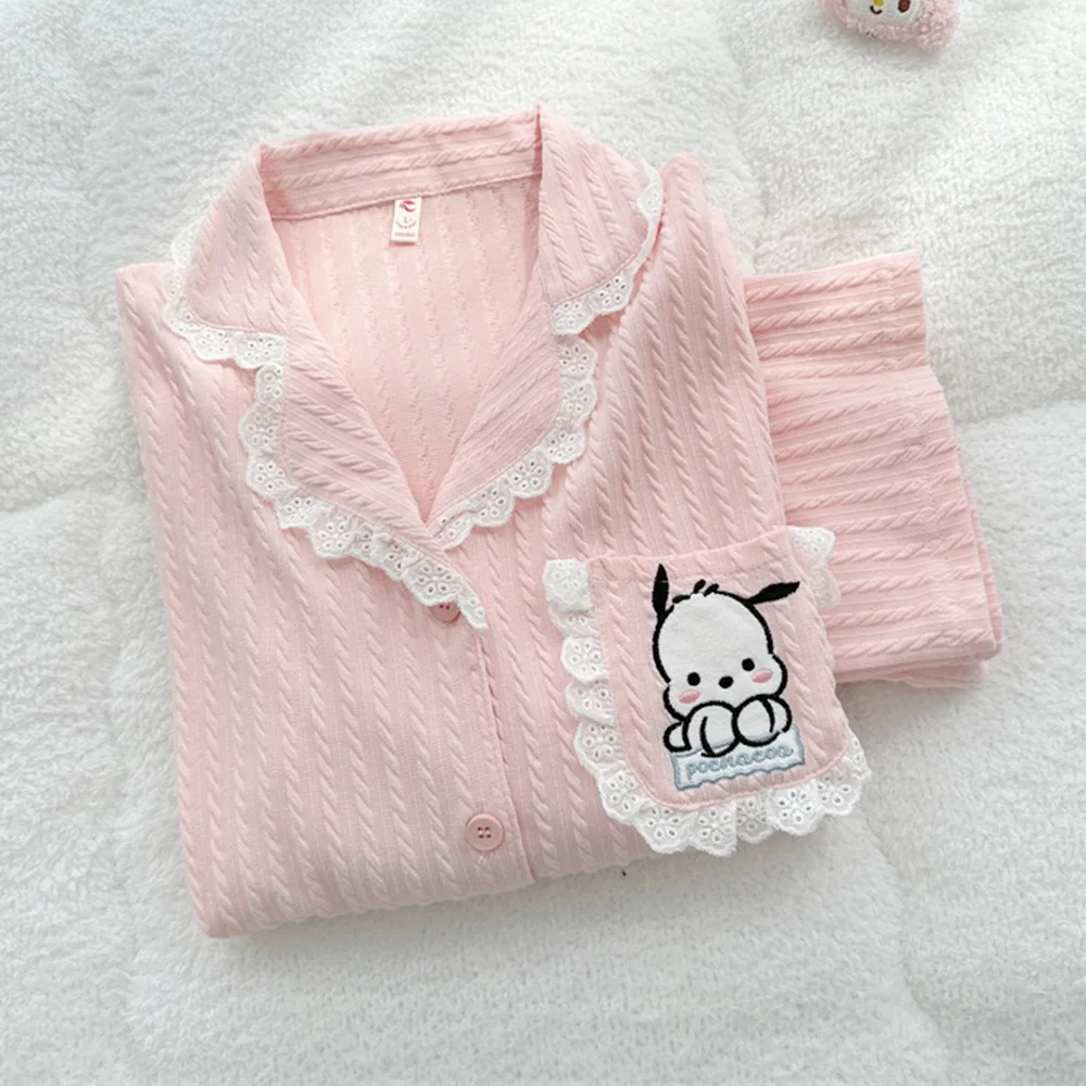 

Kawaii Sanrio Pochacco Cartoon Women Pajamas Long Sleeve Pants Spring and Autumn Pure Cotton Nighttown Pink Lace Girl Home Wear