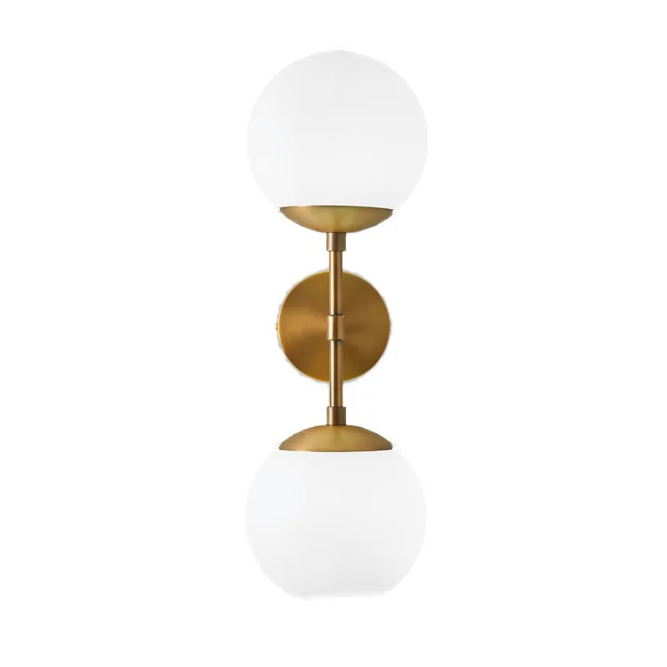 

Nordic Dual Heads Milky White Frosted Glass Ball Shade E27 LED Wall Lamp Bedroom Bedside Wrought Iron Golden Plated Wall Lamp