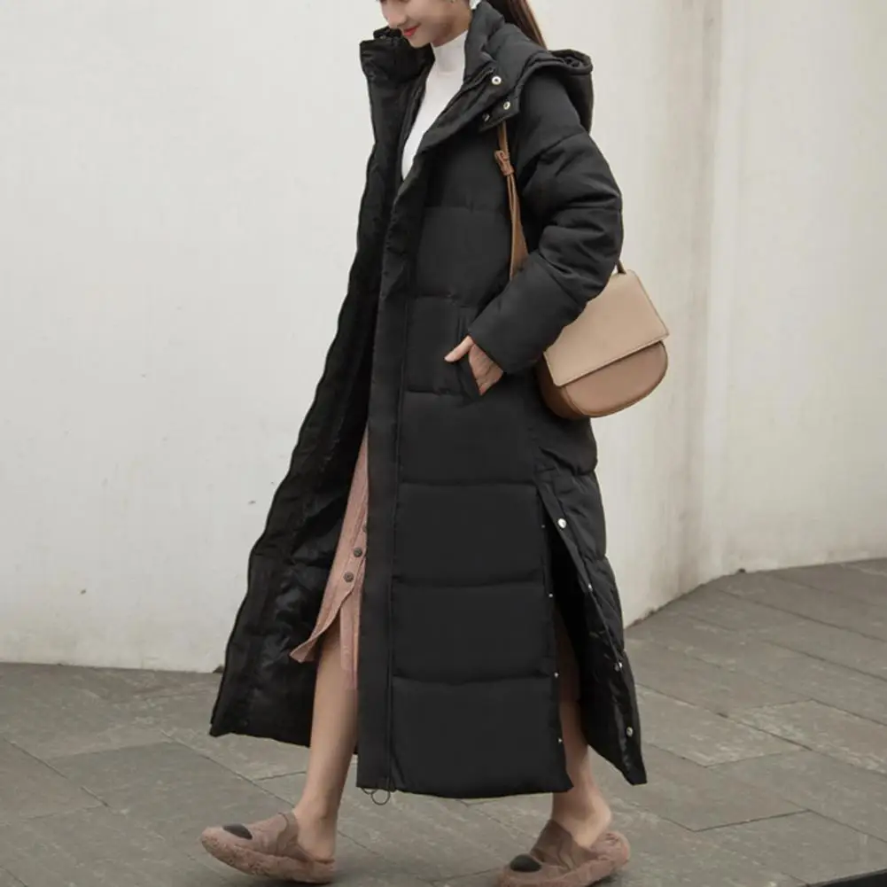 Stand Collar Long Sleeves Ribbed Cuffs Side Split Hem Zipper Placket Down Jacket Women Winter Hooded Long Type Thickened Overcoa