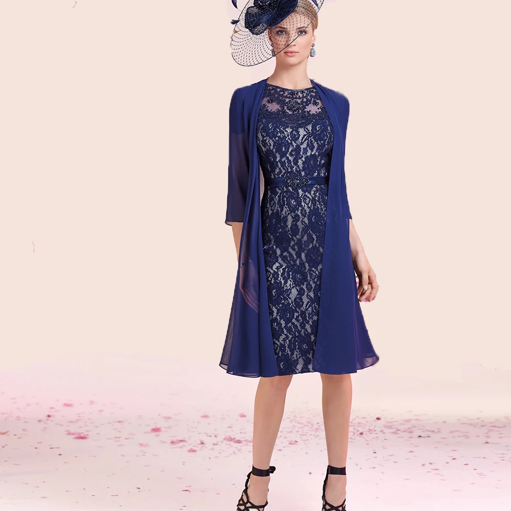 

Navy Blue Short Mother Of The Bride Dresses With Jacket Lace Wedding Guest Gown For Woman Elegant Mom Robe De Mariage Femme