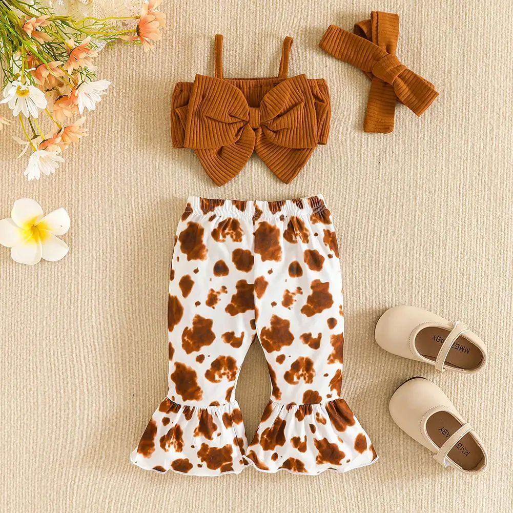 

Топы без рукавов с бантом для маленьких девочек, расклешенные брюки, детская одежда, костюм, одежда для девочек, летняя повседневная одежда для девочек N3d4