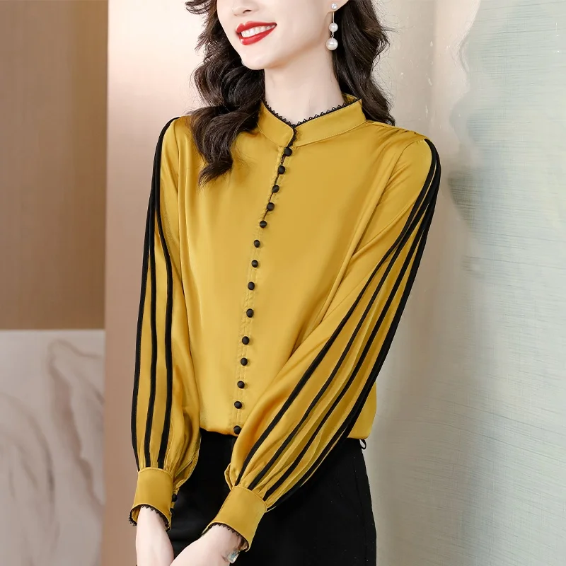 Girdear тяжелые шелковые рубашки женские с длинным рукавом весна-осень 2024 новая