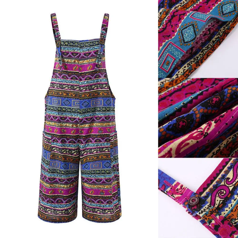 

Women Retro Jumpsuits Rompers Elegant Sleeveless Printed Pockets Bib Loose Overall Playsuits Wide Leg Capri Pants Streetwear