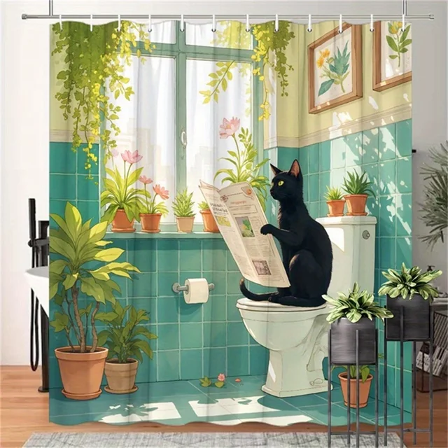 Занавеска для душа черный кот читает