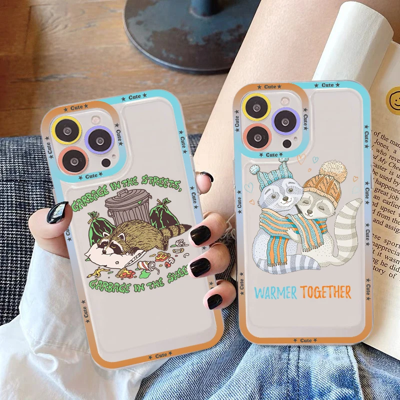

Cute Raccoon Phone Case For iPhone 14 13 12 11 Pro Max Mini X Xs XR 6 7 8 Plus SE 2020 Transparent Case