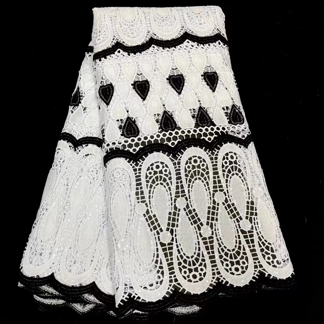 

2022 Skin Friendly white African Embroidery 5 Yards Guipure Cord with Sequins Mesh Fabric Nigerian Wedding Celebration For Party
