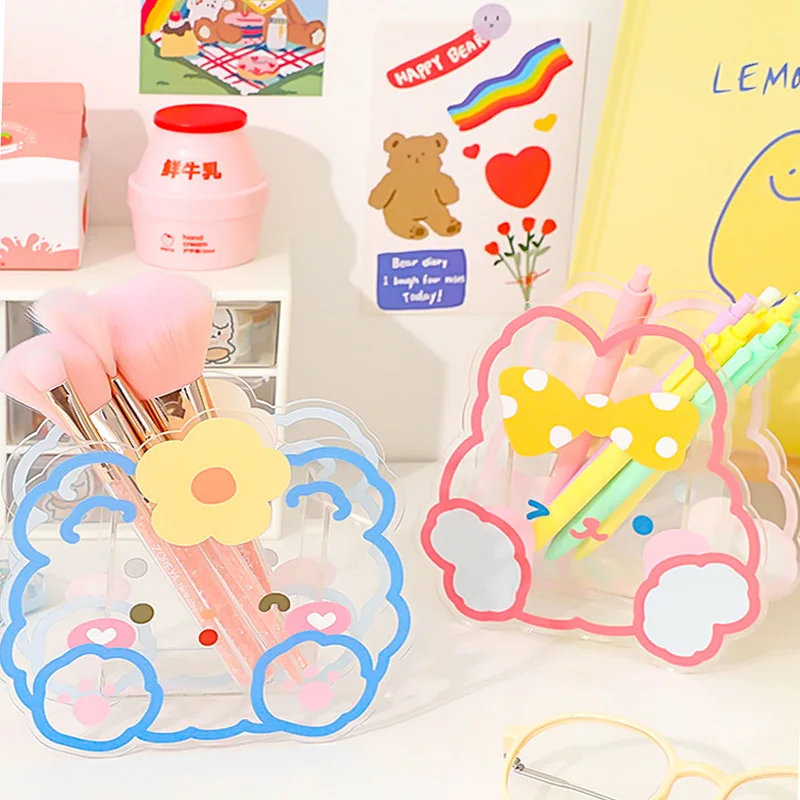 

Cartoon Transparent Acrylic Pen Holder Student Office Desk Creative Storage Bag Cute Bear Office Stationery Cosmetic Storage Box