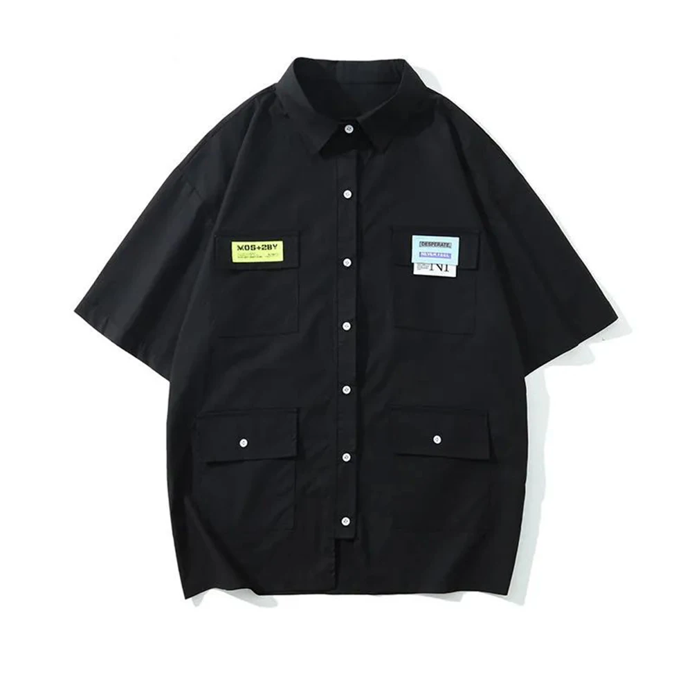 

Summer Japanese Retro Short-sleeved Tooling Shirt Men's Street Cityboy Simple Loose Pocket Casual Lapel Men's Clothing