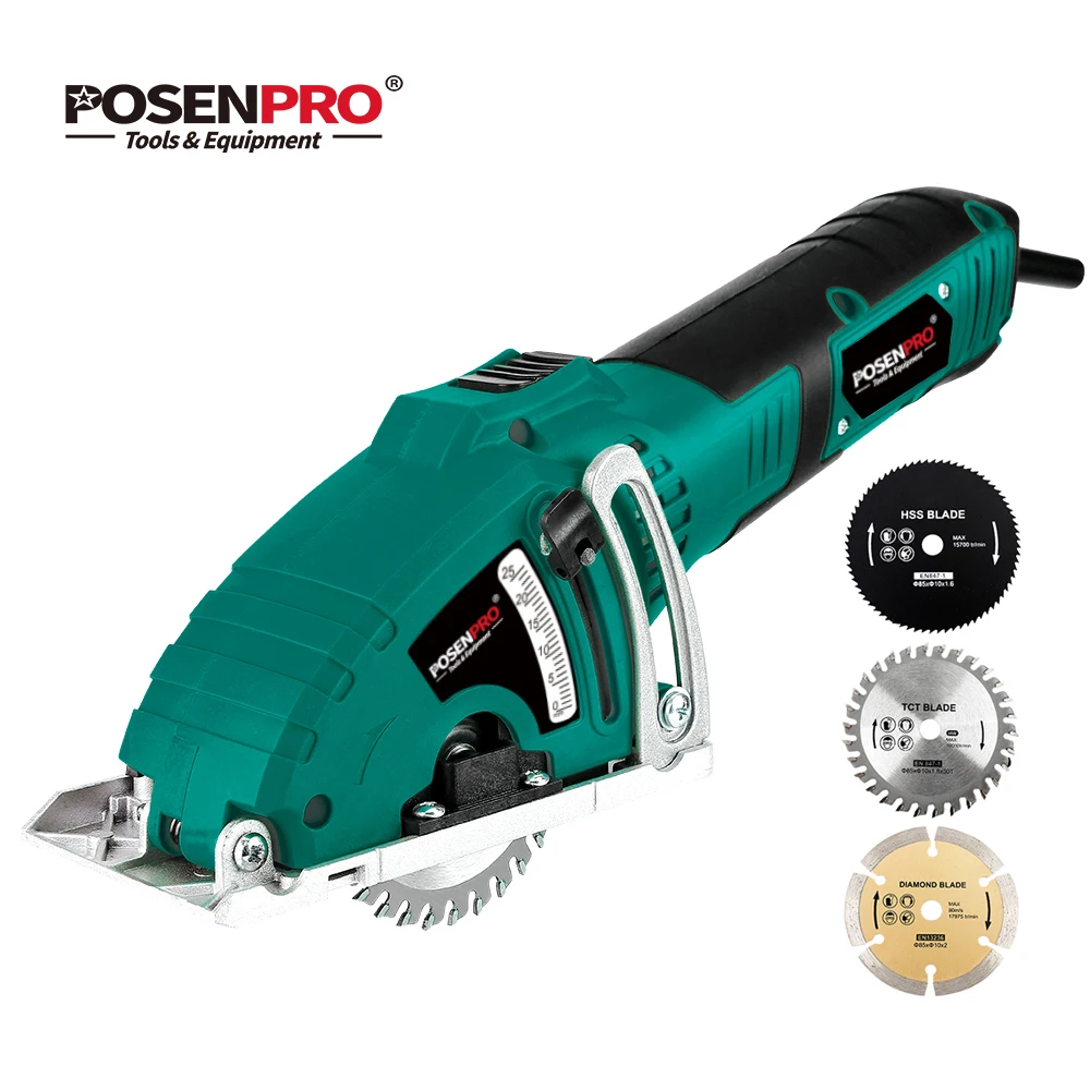 

Electric Mini Circular Saw 700W Hand Tool Cutting Wood Metal Saw Ceramic Tile Parallel Guide Tools 3pcs Blades POSENPRO