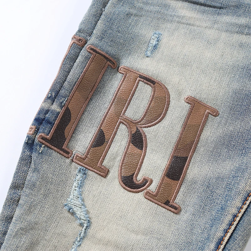 High Street Fashion Men Jeans Retro Gray Blue Elastic Stretch Skinny Ripped Jeans Men Brown Patched Designer Hip Hop Brand Pants