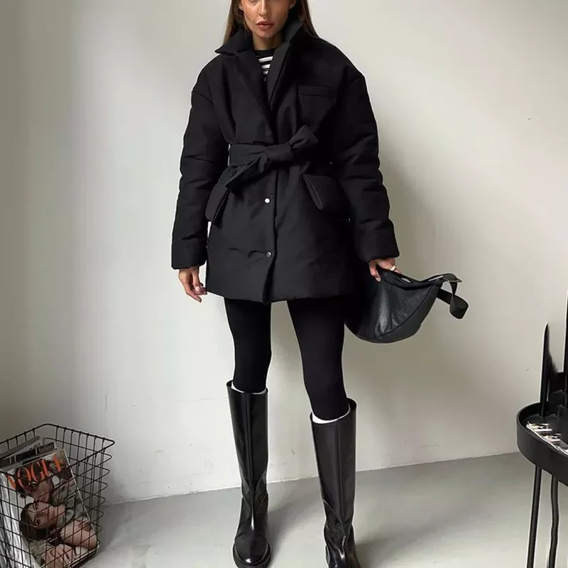 Casual Notched Parkas Women Fashion Tie Belt Solid Black Coats Women Elegant Single Breasted Cotton Jackets Female Ladies traf