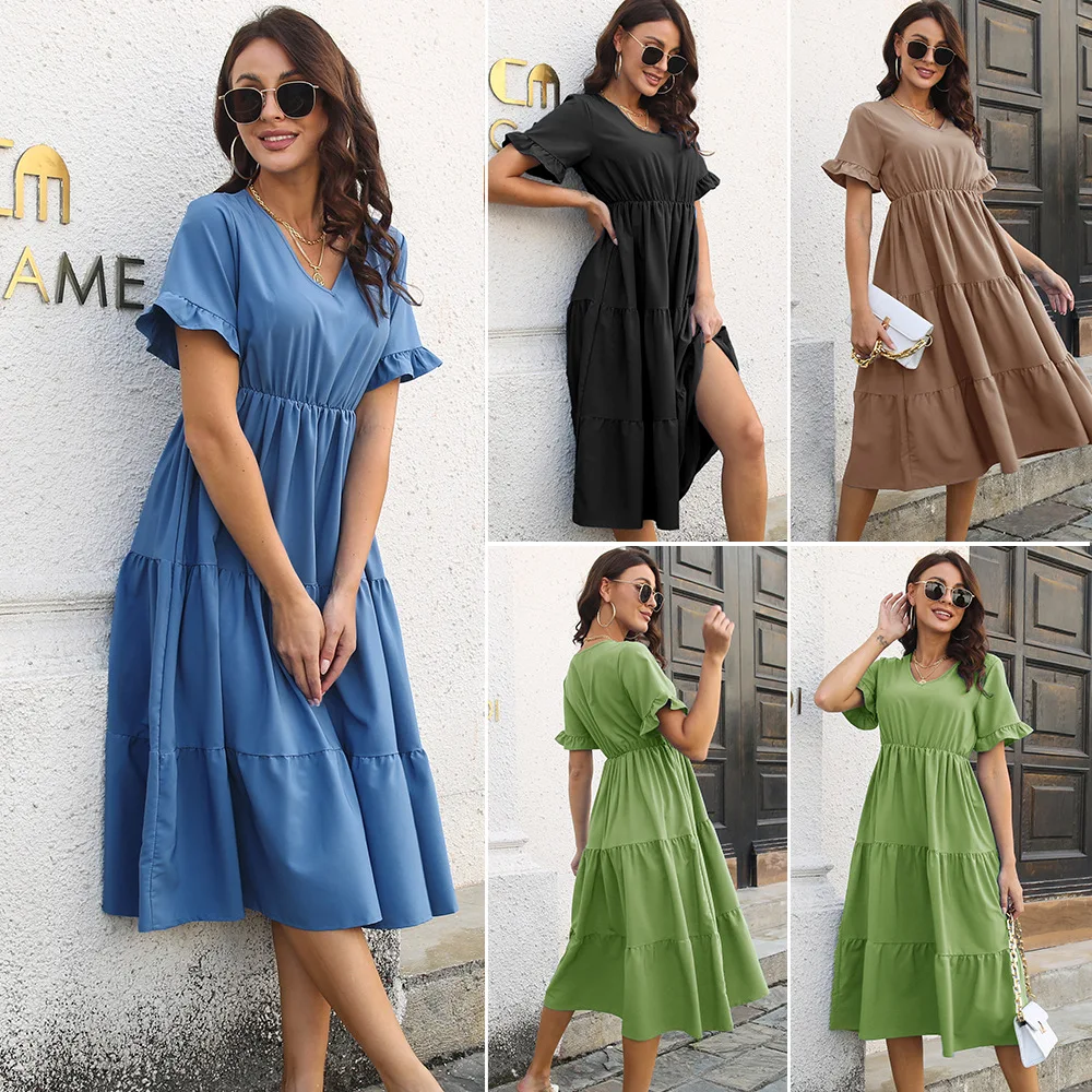 

Elegant Women's Dresses 2023 Summer Fashion Casual Loose V-Neck Ruffle Patch Solid Female Short Sleeve Dress Robe