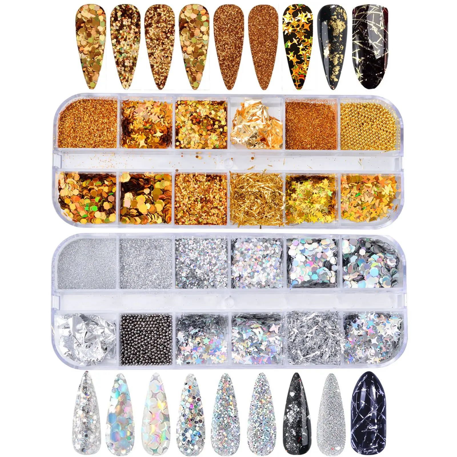 

Wholesale 10set 12 Grid Nail Sequins Paillette Aluminum Irregular Flakes Gold Silver Pigment Decoration Glitter Foils Paper