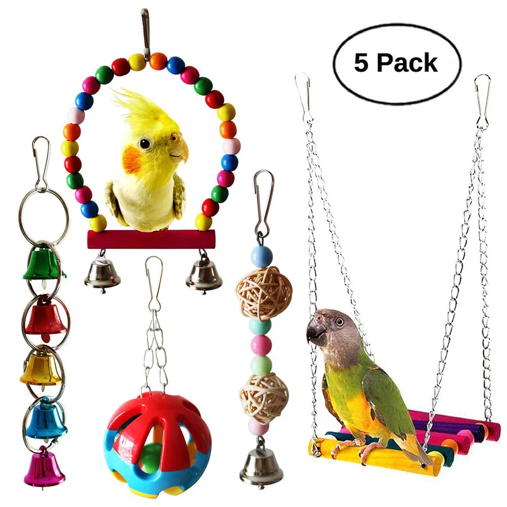 

5pcs Bird Parrot Toys Hanging Bell Pet Bird Cage Hammock Swing Toy Hanging Toy for Small Parakeets Cockatiels Conures Macaws