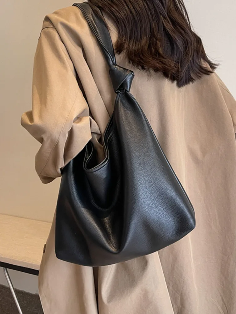 

Solid Color Shoulder Bags For Women Simple Tote Bag 2023 Winter Soft PU Leather Hand Bag Lady Travel Vintage Handbags And Purse
