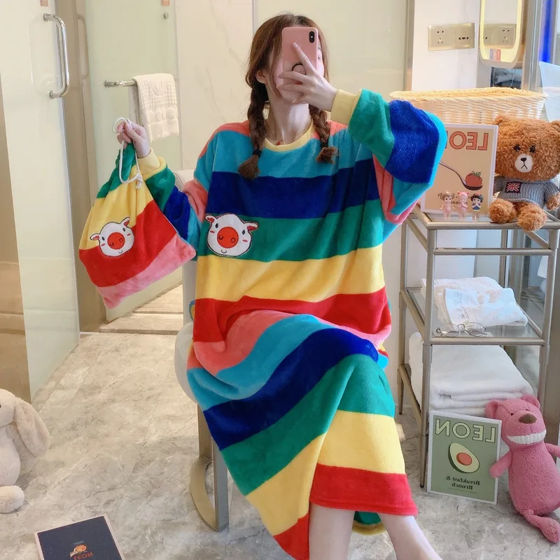 

Flannel Dress Long Gowns Women Winter Warm Kawaii Nightgowns Coral Fleece Pajamas Sleepwear Thick Big Size Negligee Lounge Wear