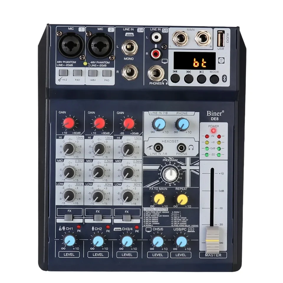 BE8 Mini 8-Channel DJ Mixer Reverb Console USB Sound Card Mixer DSP Effect Audio Mixer for Computer Recording