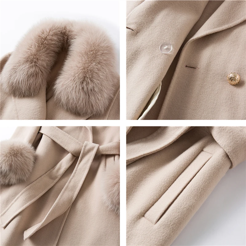 Luxury Real Fur Long Coat Women Winter Natural Fox Fur Collar Jacket Cashmere Wool Blends Warmth Outerwear Ladies Streetwear