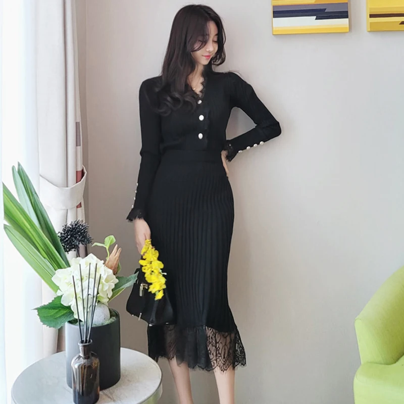 New Winter Knitted Two Piece Set Korean Women V Neck Sweater Cardigan + Bodycon Lace Patchwork Knit Pleated Midi Skirts Suit