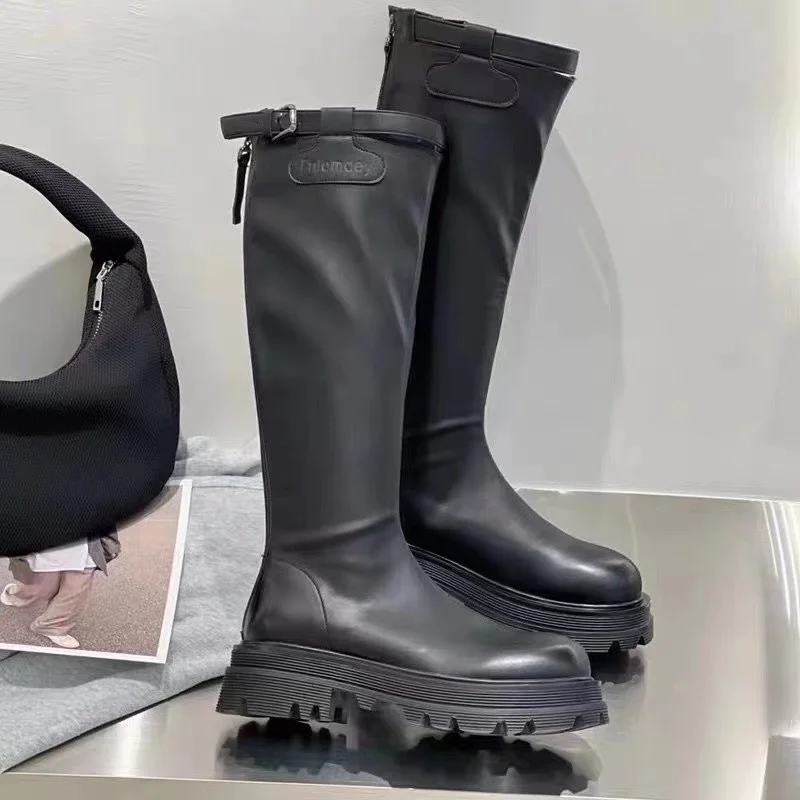 

Новинка 2023, женские сапоги на толстой подошве, женские рыцарские сапоги на плоской подошве на молнии, модные сапоги до колена на высоком каб...