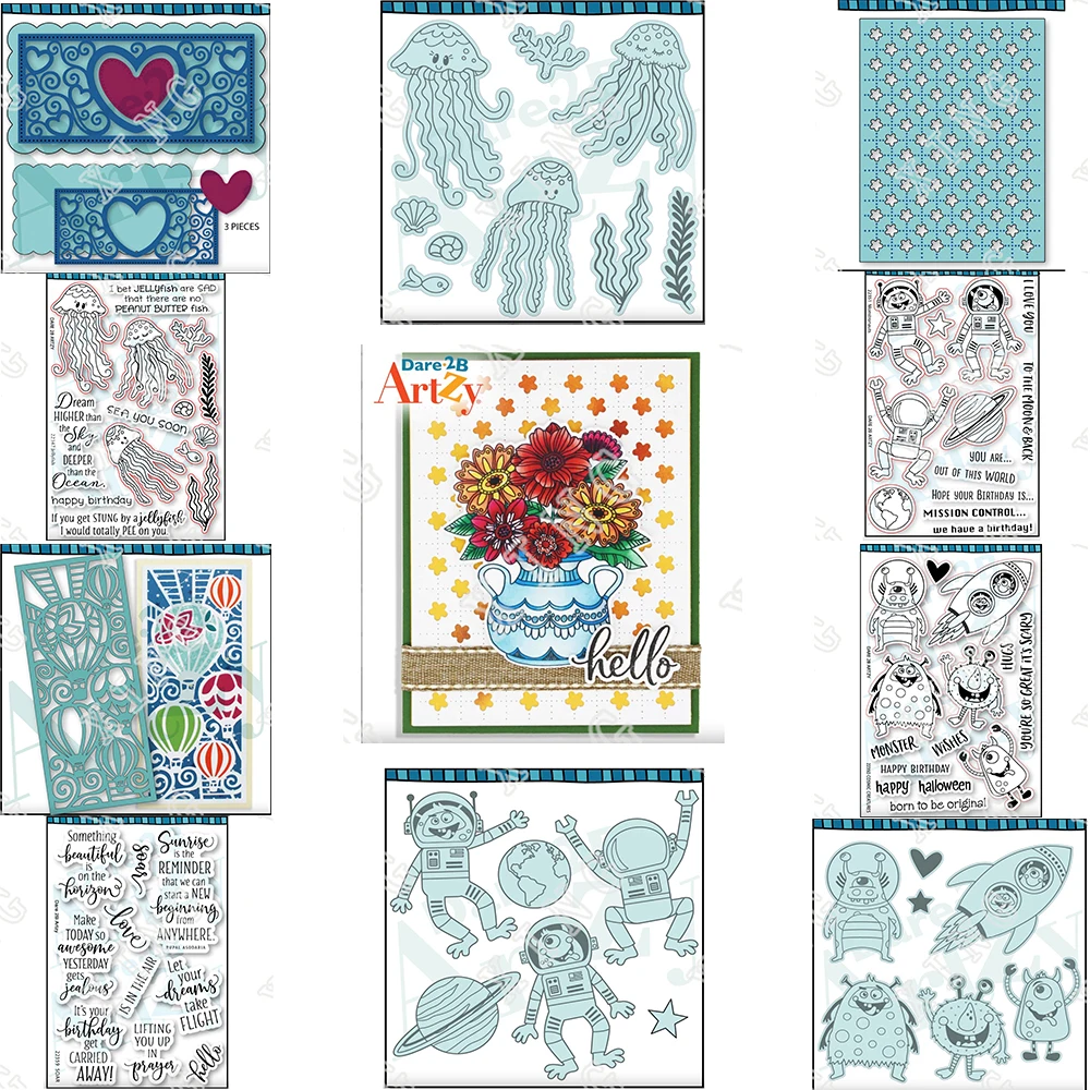

2022 Monstronauts Cosmic Creature Quilted Flower Dies Jellyfish Slim Mini Heart Background Hot Air Balloon Soar Clear Stamps Set