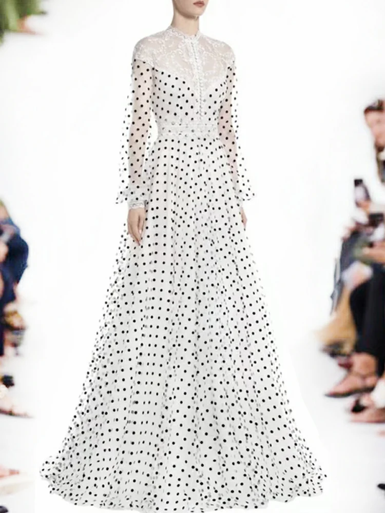 

Runway Designers New Women's Summer Fashion High Quality Elegant Lace Buttons Dot Print Mesh High Street Celebrity Party Dresses