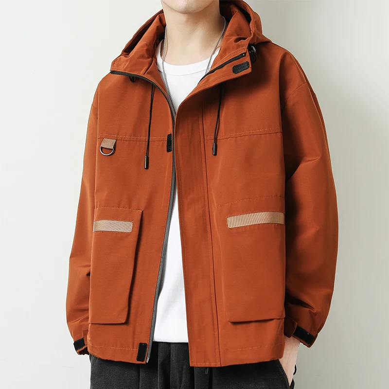 

Solid Color Men's Hooded Cargo Jackets Youth Casual Fashion Loose Coats 2023 Spring Autumn Streetwear Tops Windbreaker Clothing