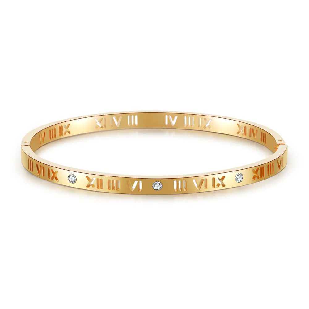 

New Roman Numerals Bangles Bracelets For Women Jewelry Gold Color Stainless Steel Cubic Zircon Wedding Bangle Lover Gift