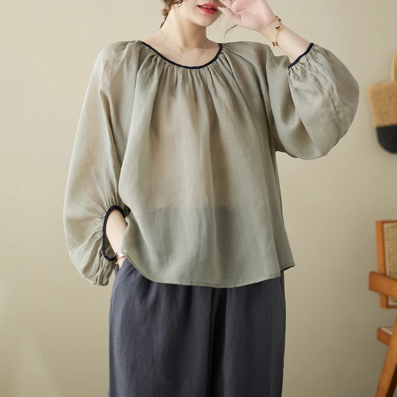 

SuperAen Lantern Sleeve Top Women's Summer 2023 New Vintage Solid Color Loose Contrast Thin T-shirt